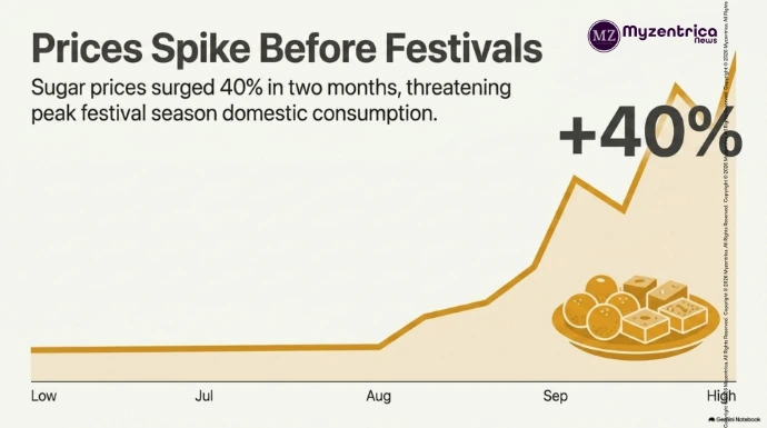 Prices Spike Before Festivals  Sugar prices surged 40% in two months, threatening peak festival season domestic consumption.
