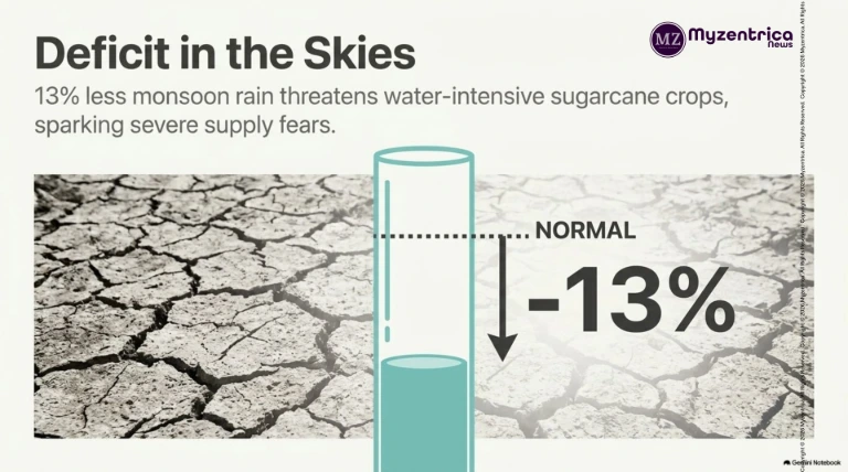 Deficit in the Skies  MZ  Myzentrica News  13% less monsoon rain threatens water-intensive sugarcane crops, sparking severe supply fears.