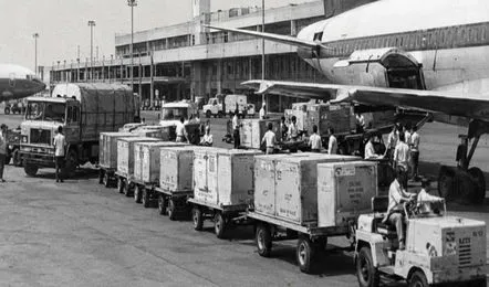 Four consignments of India's  gold reserves were moved from  the Mumbai Airport to England  to secure emergency foreign loans.